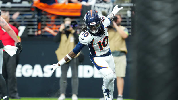 Jan 7, 2024; Paradise, Nevada, USA; Denver Broncos wide receiver Jerry Jeudy (10) celebrates after scoring a touchdown against the Las Vegas Raiders during the second quarter at Allegiant Stadium. Mandatory Credit: Stephen R. Sylvanie-USA TODAY Sports  